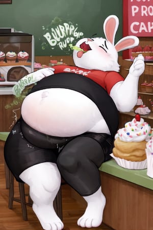 Male white fur rabbit with street clothes and big bunny ears ((wearing black shorts)), at a bakery, eating a cupcake (round belly),(digesting soda) , (bloated) (rubbing belly) (white belly) (belching, burping, rumbling belly) (overstuffed) (going to burst) (about to pop)