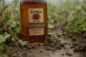 Create a highly photorealistic image of a bottle of whiskey, with the words “Four Roses” on the label, on a very muddy meadow. It is raining. Showcasing incredible texture and detail. Meticulously illustrated.



