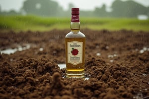 Create a highly photorealistic image of a bottle of whiskey, with the words “Four Roses” on the label, on a very muddy meadow. It is raining. Showcasing incredible texture and detail. Meticulously illustrated.



