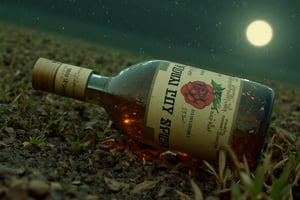 Create a highly photorealistic image from a bottle of whiskey with the words “Four Roses” on the label, lying half full on a muddy meadow. It is raining. It is night and the moon shining bright. Showcasing incredible texture and detail. Meticulously illustrated.



