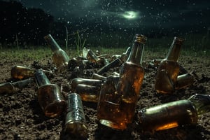 Create a highly photorealistic image of many empty bottles of whiskey, with the words “Four Roses” on the label, lying in a heap on a muddy meadow. Its raining. It is night and the moon shining bright. Showcasing incredible texture and detail. Meticulously illustrated.



