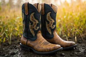 Create a highly photorealistic image of a pair of black and tan cowboy boots with rich embellishments. These are standing on a meadow in the middle of the mud. It is raining and the boots are heavily soiled with mud. Showcasing incredible texture and detail. Meticulously illustrated.



