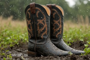 Create a highly photorealistic image of a pair of black and tan cowboy boots with rich embellishments. These are standing on a meadow in the middle of the mud. It is raining and the boots are heavily soiled with mud. Showcasing incredible texture and detail. Meticulously illustrated.



