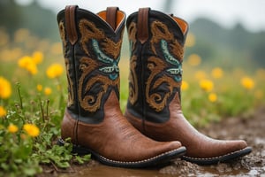 Create a highly photorealistic image of a pair of cowboy boots with rich embellishments. These are standing on a meadow in the middle of the mud.  Its raining Showcasing incredible texture and detail. Meticulously illustrated.



