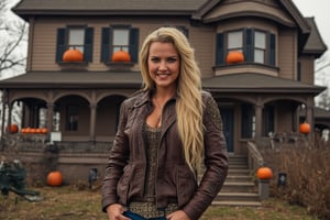 Create a highly photorealistic image of a very attractive and pretty, blonde long-haired, smiling Cowboy Girl. Se is wearing a brown leather jacket with rich embellishments, jeans pants and cowboy boots, with a belt and a Stetson. She is standing in front of an old Victorian house with generous Halloween decorations. Showcasing incredible texture and detail. Meticulously illustrated.



