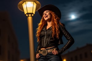 Create a highly photorealistic image from a very good-looking cowboy-girl with very long, red hair in a cowboy style clothing, laughing, standing in the night with moonshine in street crossing under a lantern. She wears a black leather jacket with rich embellishments, jeans pants, and cowboy boots, with a belt and cowboy hat. The camera uses a low-angle shot with a 85mm lens, giving her a commanding presence in the frame. The image is in 4K resolution, capturing the gritty details of her cowboy-inspired clothing,