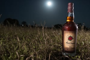 Create a highly photorealistic image of a bottle of whiskey, with the words “Four Roses” on the label, on a very muddy meadow. It is night and the moon shining bright. Showcasing incredible texture and detail. Meticulously illustrated.



