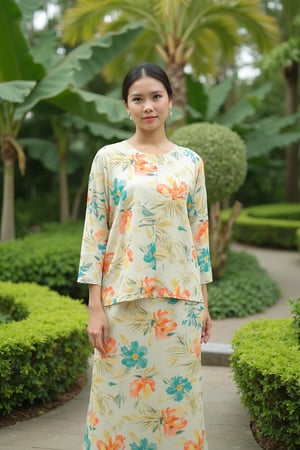 A photograph of a woman standing in a lush, green garden. She wears a light beige, long-sleeved blouse with colorful floral patterns in turquoise, orange, and brown. The blouse baju kurung malaysia is paired with a matching long skirt. Her hair is neatly tied back, and she wears minimal jewelry. The background features manicured shrubs, a small stone pathway, and various tropical plants. The overall setting exudes a serene, natural ambiance. baju kurung malaysia