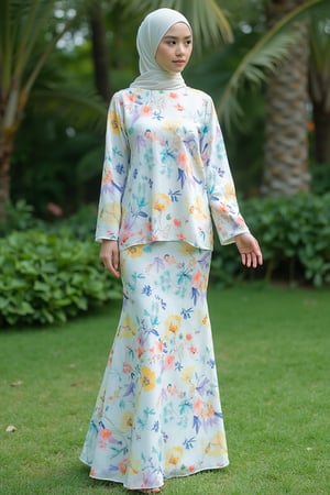 A photograph of a young Asian woman hijab standing outdoors in a lush garden. She has fair skin and hijab styled. She wears a flowing, floor-length white dress baju kurung malaysia adorned with large, pastel blue, yellow, red, white and purple floral patterns baju kurung malaysia. The dress baju kurung malaysia has a high collar and long, billowy sleeves. She stands on a patch of green fantasy grass with a busy wedding backdrop of dense, green foliage and palm trees. The image is serene and elegant, highlighting the natural beauty of the setting and the intricate design of her attire. baju kurung malaysia,