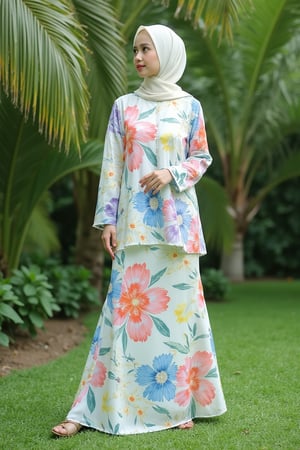 A photograph of a young Asian woman hijab standing outdoors in a lush garden. She has fair skin and hijab styled. She wears a flowing, floor-length white dress baju kurung malaysia adorned with large, pastel blue, yellow, red, white and purple floral patterns baju kurung malaysia. The dress baju kurung malaysia has a high collar and long, billowy sleeves. She stands on a patch of green fantasy grass with a backdrop of dense, green foliage and palm trees. The image is serene and elegant, highlighting the natural beauty of the setting and the intricate design of her attire. baju kurung malaysia,