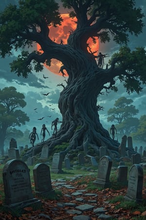 A haunting 8K masterpiece: In the foreground, weathered tombstones rise from the earth, bearing ancient epitaphs amidst a carpet of dry leaves and misty fog. A behemoth tree, its gnarled trunk twisted by time, ascends to the crimson moon, dense foliage like skeletal fingers reaching for the sky. Skeletal hands grasp the trunk, as bony figures descend, their empty eye sockets seeming to stare into the darkness. Bat-like silhouettes dart and weave above, while the soft, ethereal glow of moonlight casts an otherworldly sheen on this macabre tableau.