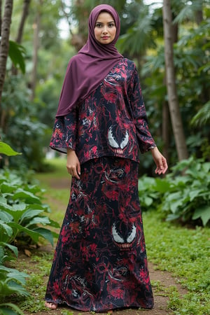 A high-quality fashion, a close-up portrait shot woman wear a hijab design featuring an integration of Venom marvel character with traditional batik patterns with baju kurung malaysia. The hijab fabric showcases elegant batik motifs—swirls, florals, and geometric patterns blended with ((Venom marvel iconic character features such as eyes, face, sharp teeth, tendrils, and muscular form, seamlessly flowing across the fabric:1.2)). 

The dominant colors are deep black, red, white, and shades of dark purple, creating a bold and edgy contrast while maintaining the elegance of traditional batik highlighting the detailed patterns and Venom integrated design. 

The overall look is sophisticated yet fierce, offering a unique fusion of fashion, tradition, and modern pop culture, BatikPattern,kurung_modern,baju kurung malaysia,bajukurung,baju kurung moden She stands on a patch of green fantasy grass with a busy wedding backdrop of dense, green foliage and palm trees. The image is serene and elegant, highlighting the natural beauty of the setting and the intricate design of her attire