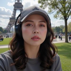 Master piece, generate image of a Girl with headphones, cap, dreamy expression, sitting a bench in the gardens of the Eiffel tower, training wear, t-shirt and sport shorts, (ultra detailed perfect piece:1.2), illustration, masterpiece, (extremely detailed CG 8k), (very fine 8K CG), (1girl:1.2), (dark hair), long hair, wavy hair, hair over one eye, sparkling, light blue eyes, looking at side,. Finn.