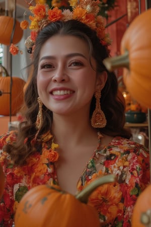 A woman in a Pixomeda style, vibrant and surreal. She is framed in a full-body shot, surrounded by Halloween-themed elements like pumpkins, exuding a playful and whimsical vibe. Soft, warm lighting highlights her elegant features and joyful expression. Her pose is relaxed, with a bright smile. The composition is balanced, with intricate details and a dreamlike atmosphere. The background is a colorful Halloween setting, enhancing her enchanting and festive presence., Finn