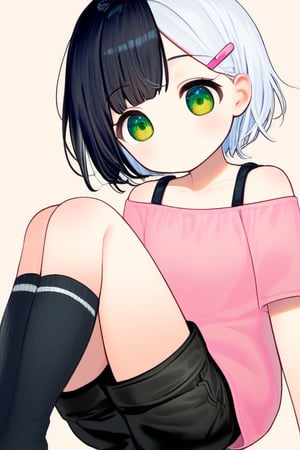 girl, small stature, black hair, short hair, shoulder length hair, green eyes, white hair clip, fringes, short stature, pink shirt with white stripes, black shorts, long socks, black socks, cute look, short stature, small girl, cute girl, cute girl