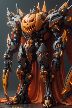 Create a sleek, futuristic Halloween-themed mecha with elegant design. The core of the mecha has a glowing, carved pumpkin-like head with sophisticated angular details, illuminated from within with a soft orange glow. Its armor is made of sleek black and silver metal, with orange neon lights tracing intricate patterns along its limbs and torso. The mecha has bat-wing-inspired jet boosters and a cape that flows like digital smoke. Its hands are designed like sharp, polished claws, holding a scythe that glows faintly with energy. The overall style is refined, with a balance of mechanical power and Halloween aesthetics, featuring clean lines, high-tech design, and a smooth, polished finish