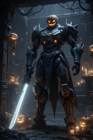 Create a Halloween-themed mecha standing in a dimly lit, spooky room. The mecha's head is a mechanical pumpkin, with glowing, jagged eyes and a sinister grin, radiating an eerie orange light. Its body is armored with dark, metallic plates, featuring sharp spikes and ghostly, glowing patterns. The room is filled with Halloween decorations—floating jack-o'-lanterns, hanging cobwebs, flickering candles, and old, creaking wooden furniture. There are shadows cast by eerie lights, and the walls are covered in ancient, cracked wallpaper with a haunted vibe. The mecha's large, mechanical arms hold a glowing, spectral weapon, and it stands ready for battle in this haunted setting