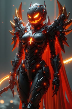 Imagine a sleek, futuristic female Halloween-themed mecha with an elegant, haunting design. At its core, a glowing, carved pumpkin-like head, with sharp, angular features, is illuminated from within by a soft, eerie orange glow. Her armor is a blend of smooth black and silver metals, fitted with an athletic, feminine form, while neon orange lights trace intricate, graceful patterns along her limbs and torso. Her bat-wing-inspired jet boosters add a haunting silhouette, and a flowing cape, resembling digital smoke, trails behind her. Her hands, with sharp, polished claws, wield a scythe that emits a subtle, ethereal energy. The design is a perfect balance of mechanical power and Halloween allure, combining sleek lines, futuristic technology, and a refined, ghostly aesthetic for a mesmerizing and powerful look.