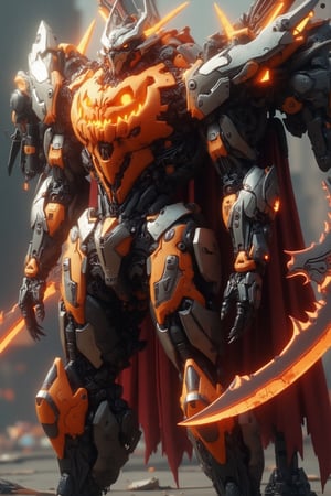 Imagine a sleek, futuristic Halloween-themed mecha with a sophisticated and elegant design. At its core, a glowing, carved pumpkin-like head is detailed with sharp, angular lines, illuminated from within by a soft orange glow. Its armor is crafted from smooth black and silver metal, with neon orange lights tracing intricate, refined patterns along its limbs and torso. The mecha's jet boosters are inspired by bat wings, and it wears a cape that flows like ethereal digital smoke. Its hands, equipped with sharp, polished claws, grasp a scythe that hums faintly with energy. The overall aesthetic is a balance of mechanical power and Halloween-inspired artistry, combining clean lines, high-tech design, and a sleek, polished finish for a modern, haunting look.