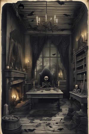 A highly detailed Halloween-themed interior, lit by the eerie flicker of candlelight and jack-o-lanterns with menacing faces. The room is an old, decrepit gothic-style space with cracked stone walls, cobwebs hanging from the ceiling, and dimly lit chandeliers swaying slightly. The floor is covered in dusty, worn wooden planks, creaking with every step. On the walls, old, tattered portraits of haunted figures stare down, their eyes seemingly following any movement. Dark, heavy curtains hang loosely, tattered and torn. A large, eerie fireplace with glowing embers burns faintly, casting spooky shadows across the room. Various Halloween decorations are scattered throughout—skulls, bats, cauldrons bubbling with green mist, and shelves lined with mysterious potions. The center table is draped in a black, velvet cloth with sinister-looking candles, surrounded by ancient, creepy books and a carved pumpkin with a twisted grin. The atmosphere is dark, moody, and full of intricate textures and realistic lighting, adding depth and dimension to the haunted scene