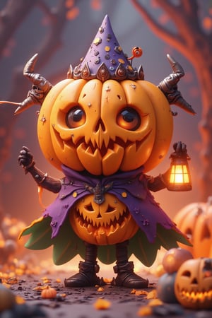 Create an adorable Halloween character, featuring a small, round pumpkin-headed creature with wide, sparkling eyes and a huge smile. It has tiny bat wings and wears a witch’s hat slightly tilted to the side. The character is dressed in a cute little cloak with a ghost pattern, holding a tiny glowing lantern. The colors are bright and playful—orange, purple, and light green. The overall mood is fun and whimsical, with a friendly expression and soft, rounded features