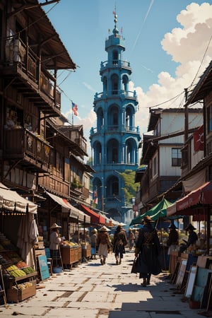 Create a lively and dynamic scene from One Piece, featuring the main crew, Luffy, Zoro, Nami, Sanji, and others in a busy port city. The background should be filled with bustling marketplaces, colorful vendor stalls, towering pirate ships docked along the harbor, and crowds of lively townspeople. The architecture should reflect the unique, whimsical style of the One Piece world, with buildings full of character, flags waving in the wind, and ships with intricate designs. The atmosphere should feel energetic and adventurous, with sunlight reflecting off the ocean and the characters engaging in their typical fun and chaotic behavior. Include rich, detailed colors and textures to bring the scene to life, emphasizing the action and motion in the environment