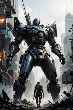 Create an epic mecha version of characters from One Piece, with Luffy, Zoro, and Nami as futuristic robotic warriors. Each character should have advanced mechanical armor, with glowing energy cores and sleek, battle-worn metallic details. The setting is a cyberpunk world, featuring a high-tech, dystopian landscape with towering skyscrapers, neon lights, and advanced ships flying in the sky. Luffy’s mecha should have extendable mechanical arms and gear-like features, Zoro’s mecha should wield energy-infused swords, and Nami’s should have weather-controlling tech. The overall style should combine a detailed cyber-futuristic aesthetic with bold, dynamic action