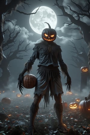 A menacing soccer player with a Halloween twist, dressed in a tattered, dark soccer uniform with eerie, gothic designs. His face is partially hidden by a creepy, carved pumpkin mask with glowing eyes and a sinister smile. He stands on a fog-covered soccer field under a full moon, with twisted, leafless trees and eerie shadows in the background. His stance is intense and ready for action, holding a soccer ball in one hand that has glowing cracks resembling a jack-o'-lantern. The atmosphere is spooky yet powerful, blending athleticism with a haunting Halloween vibe