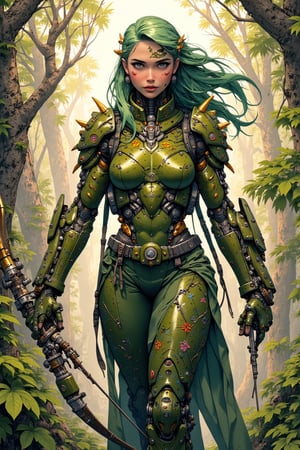 mythp0rt, anime, sepia, BREAK, bio-mechanical huntress, flowing green hair with gold tips, tribal markings on her face, armor adorned with leaves and vines, seamlessly integrated with her skin, enhanced vision sensors, holding a high-tech bow drawn taut, abstract background of a lush, overgrown jungle intertwined with futuristic technology.