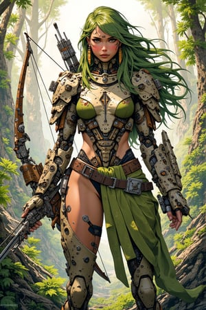 mythp0rt, anime, sepia, BREAK, bio-mechanical huntress, flowing green hair with gold tips, tribal markings on her face, armor adorned with leaves and vines, seamlessly integrated with her skin, enhanced vision sensors, holding a high-tech bow drawn taut, abstract background of a lush, overgrown jungle intertwined with futuristic technology.