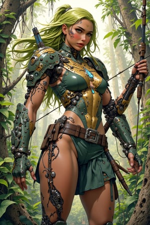 mythp0rt, anime, sepia, BREAK, bio-mechanical huntress, flowing green hair with gold tips, tribal markings on her face, armor adorned with leaves and vines, seamlessly integrated with her skin, enhanced vision sensors, holding a high-tech bow drawn taut, abstract background of a lush, overgrown jungle intertwined with futuristic technology.