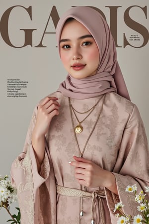 captivating magazine photo cover for GADIS featuring a stylish Malay woman wearing a hijab and loose baju kurung. Mid-shot, showcasing her elegant outfit and accessories. Soft natural lighting, with a neutral background to highlight her fashion. She stands confidently, with a gentle smile, looking directly at the camera. The composition is balanced, emphasizing her stylish attire and graceful pose.,Shrin4