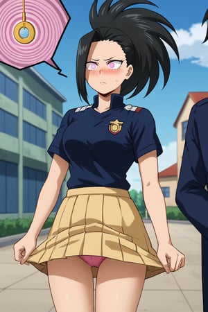 1 girl,
Yaoyorozu Momo, black hair, ponytail, long hair, hair up,
spiral pink eyes, blushing, wearing a black t-shirt and a dark green pleated skirt. She is standing outside a school building in daylight, looking confused. Three-quarter body shot, thigh view, hypnosis, in the action of fully lifting her skirt, confused, pendulum, lifting up her skirt, pink underwear, nice body, best quality, high resolution