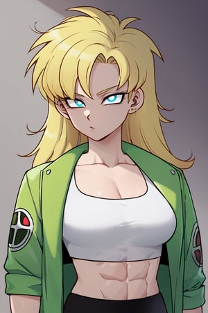 1woman, female_solo, medium muscles, six pack, (((long hairstyle, spiky hairs))) , (((hairs downwards, flowy hairs, loose hairs, yamcha hairstyle))), blonde hair, side swept bangs,  (((bangs))), ratatatat74 artstyle, solo focus, (no pupil, azure eyes)), sexy lips,  pale skin, ((ultra detailed pupils)), ((solo focus)), ((dragon ball style, super saiyan, yellow aura, white crop top, green jacket, black skirt, half body)),dbsb