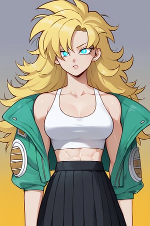 1woman, female_solo, medium muscles, six pack, (((long hairstyle, spiky hairs))) , (((hairs downwards, flowy hairs, loose hairs, yamcha hairstyle))), blonde hair, side swept bangs,  (((bangs))), ratatatat74 artstyle, solo focus, (no pupil, azure eyes)), sexy lips,  pale skin, ((ultra detailed pupils)), ((solo focus)), ((dragon ball style, super saiyan, yellow aura, white crop top, green jacket, black skirt, pleated skirt, half body)),dbsb