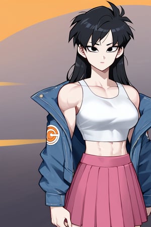 1woman, female_solo, medium muscles, six pack, (((long hairstyle, spiky hairs))) , (((hairs downwards, flowy hairs, loose hairs, yamcha hairstyle))), black hair, side swept bangs,  (((bangs))), ratatatat74 artstyle, solo focus, (no pupil, black eyes)), sexy lips,  pale skin, ((ultra detailed pupils)), ((solo focus)), ((dragon ball style,  denim jacket, white crop top, pink skirt,  pleated skirt,  half body)),dbsb