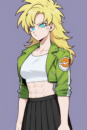 1woman, female_solo, medium muscles, six pack, (((long hairstyle, spiky hairs))) , (((hairs downwards, flowy hairs, loose hairs, yamcha hairstyle))), blonde hair, side swept bangs,  (((bangs))), ratatatat74 artstyle, solo focus, (no pupil, azure eyes)), sexy lips,  pale skin, ((ultra detailed pupils)), ((solo focus)), ((dragon ball style, super saiyan, yellow aura, white crop top, green jacket, black skirt, pleated skirt, half body)),dbsb