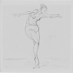 gstdrw A dynamic gesture drawing of a figure mid-dance, captured with flowing pencil lines that emphasize the energy and grace of the movement. The lines are light and expressive, tracing the fluid arc of the dancer's body as they leap or twirl, with arms and legs extended in an elegant pose. The figure's clothing is suggested with soft strokes, enhancing the sense of motion and rhythm. The background remains minimal, with subtle smudges indicating the atmosphere of a dance studio or stage. The drawing is set on slightly textured, pale gray paper, adding an organic feel that complements the beauty and spontaneity of the dance