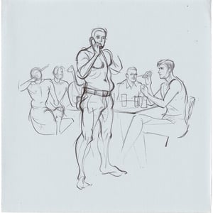 gstdrw A gesture drawing of a man talking on a phone, captured with fine, fluid pencil lines that trace the casual posture of his body as he leans slightly forward, engaged in conversation. Behind him, several people are loosely sketched, seated around a table, drinking and chatting, their forms suggested with quick, expressive strokes. The energy of the scene is conveyed through light smudges and spontaneous lines, hinting at the relaxed social atmosphere. The background is minimal, with only a few soft marks indicating the table's surface. The drawing is rendered on slightly creased, light-gray paper, adding a natural texture that complements the informal, dynamic composition

