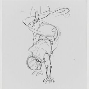 gstdrw A gesture drawing of an upside-down breakdancer, captured in the midst of a dynamic freeze with fine, flowing pencil lines that trace the energy and balance of the pose. The strokes are quick and confident, emphasizing the strength and fluidity of the dancer's body as they hold the inverted position. Light smudges suggest movement and rhythm, while the background remains minimal to keep focus on the expressive motion. The drawing is rendered on soft, pale-gray paper with a light texture, giving the piece a raw, organic feel that complements the spontaneous and energetic lines.