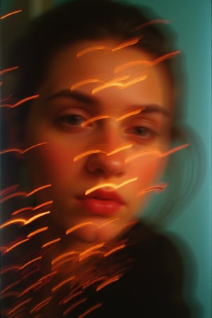 An abstract pattern of film burns and dynamic light streaks creates a vivid backdrop, shrouding a vaguely distinguishable, blurry photo of a face. The face is partially obscured by the chaotic interplay of intense film burns and radiant light patterns, which merge and swirl in an intricate, ethereal composition. The image features a high level of abstraction with distorted light and shadow, giving only the faintest hints of facial features through the heavy blur. Grainy, grain, film grain, candid, high contrast, film burn, analog texture, partial silhouette, Chiaroscuro, off-centered, asymmetrical, highlight bloom, filmic glow, blown-out highlights, moody, herbstphoto, herbst photo.  