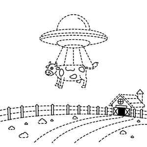 Dashed Line Drawing Style. UFO abducting a cow, cow floating in air, from a farm at night