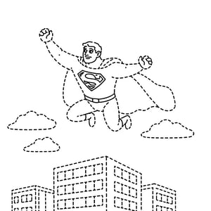 Dashed Line Drawing Style. Superman leaping over a tall building.  Clouds in the background.