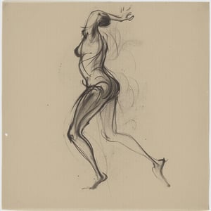 gstdrw gstdrw style, figure mid dance, A dynamic gesture drawing featuring a figure mid-dance, rendered with confident yet delicate lines in fine charcoal on lightly textured, warm-gray paper. The strokes capture the fluid movement and expressive energy of the dancer, focusing on the essential gesture without becoming overly detailed. Subtle, soft smudges in the background suggest depth and atmosphere, allowing the figure to remain the focal point. The medium and paper's qualities complement the spontaneous, gestural nature of the subject