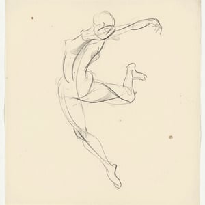 gstdrw A gesture drawing of a dancer frozen in mid-leap, captured with fine, sweeping pencil lines that convey the energy and elegance of the movement. The strokes are confident yet delicate, tracing the dynamic arc of the dancer's body without overworking the form. Subtle smudges suggest the motion and flow of the leap, while the background remains minimal, allowing the figure's grace to take center stage. The drawing is on light, softly textured cream paper, with slight creases that add a natural, organic feel, enhancing the sense of spontaneity and life in the pose
