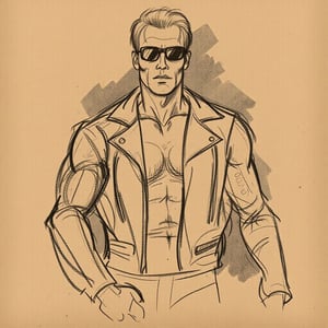 gstdrw A dynamic gesture drawing of Arnold Schwarzenegger as The Terminator, captured in a powerful pose that emphasizes his iconic, muscular build and intense expression. The drawing features flowing pencil lines that outline his distinctive leather jacket and sunglasses, showcasing the character's tough demeanor. Bold strokes highlight key features, such as his strong jawline and the futuristic details of his arm. The background remains minimal, with soft smudges suggesting a gritty urban setting. The drawing is rendered on slightly textured, dark beige paper, adding depth and warmth to this classic portrayal of a cinematic icon