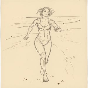 gstdrw A lively gesture drawing of a woman running on the beach, captured with dynamic, flowing pencil lines that convey the joy and freedom of movement. The lines are light and expressive, emphasizing her fluid stride and the gentle sway of her hair as it dances in the wind. The shoreline is suggested with soft, sweeping strokes, and subtle smudges hint at the waves lapping at her feet. The background remains minimal, allowing the focus to stay on the woman's exuberance. The drawing is rendered on lightly textured, soft beige paper, enhancing the organic feel of the scene while adding warmth to the composition.