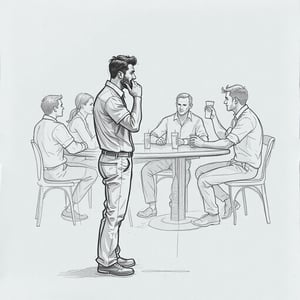 A gesture drawing of a man talking on a phone, captured with fine, fluid pencil lines that trace the casual posture of his body as he leans slightly forward, engaged in conversation. Behind him, several people are loosely sketched, seated around a table, drinking and chatting, their forms suggested with quick, expressive strokes. The energy of the scene is conveyed through light smudges and spontaneous lines, hinting at the relaxed social atmosphere. The background is minimal, with only a few soft marks indicating the table's surface. The drawing is rendered on slightly creased, light-gray paper, adding a natural texture that complements the informal, dynamic composition

