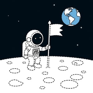 Dashed Line Drawing Style. A boy astronaut planting a flag on the moon. We see blue planet Earth in the background.