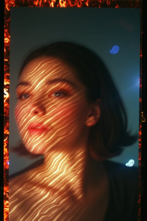 An abstract pattern of film burns and dynamic light streaks creates a vivid backdrop, shrouding a vaguely distinguishable, blurry photo of a face. The face is partially obscured by the chaotic interplay of intense film burns and radiant light patterns, which merge and swirl in an intricate, ethereal composition. The image features a high level of abstraction with distorted light and shadow, giving only the faintest hints of facial features through the heavy blur. Grainy, grain, film grain, candid, high contrast, film burn, analog texture, partial silhouette, Chiaroscuro, off-centered, asymmetrical, highlight bloom, filmic glow, blown-out highlights, moody, herbstphoto, herbst photo.  